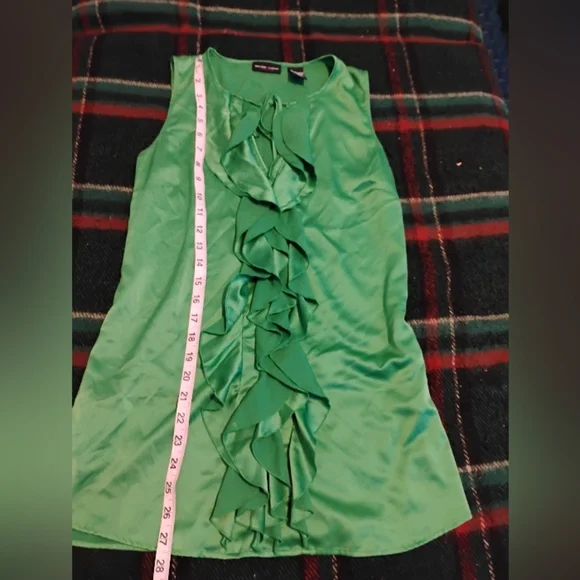 New York And Company Vibrant Green Ruffle, Sleeveless, Satin Blouse. - Picture 8 of 9